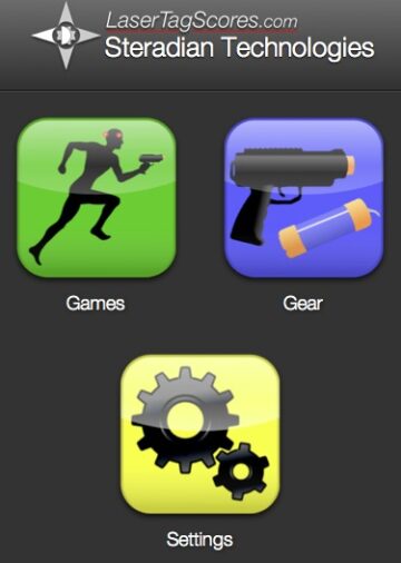 rent laser tag image shows a screenshot from lasertagscores.com which shows icons with the titles games, gear, and settings